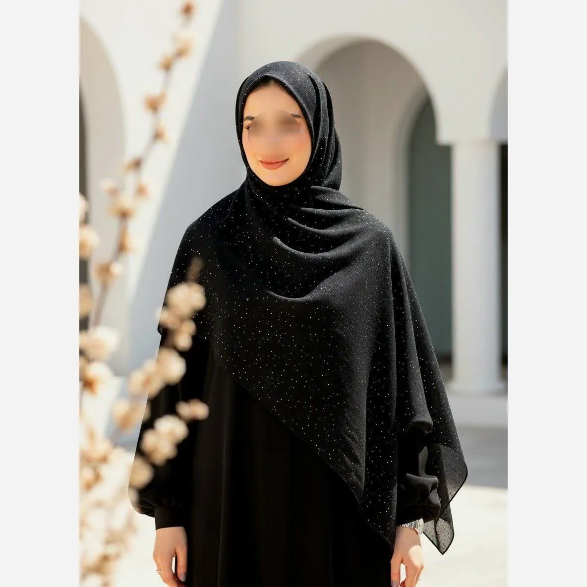 شال کرپ مشکی اکلیلی شیفون وارداتی سایز 70 در 198
