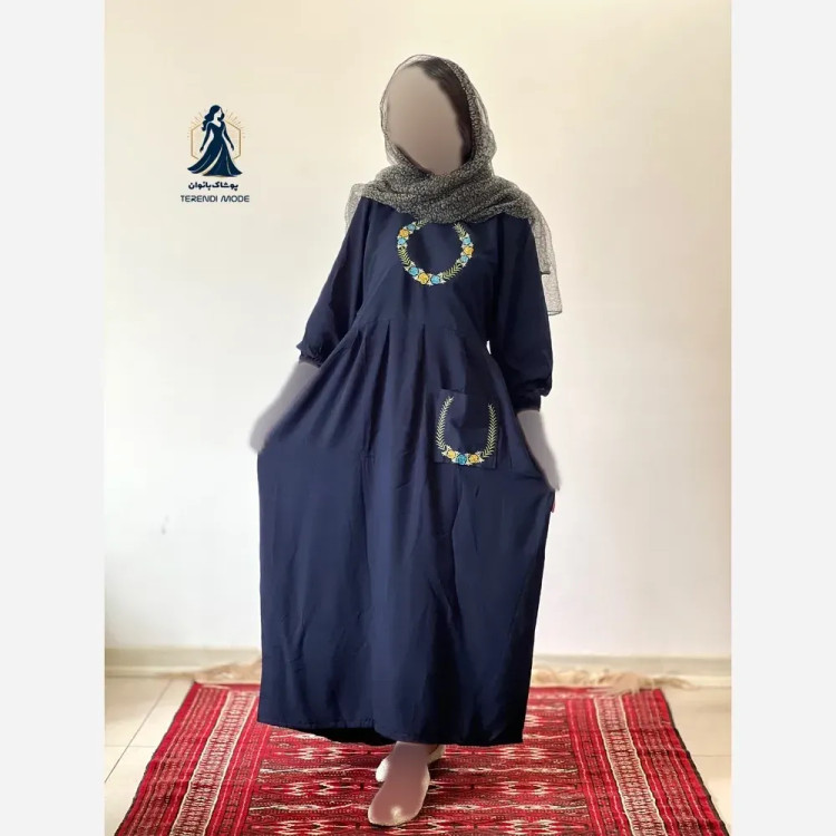 ساحلی گلدوزی تک جیب جنس نخ ململ رنگ زیتون قد 136