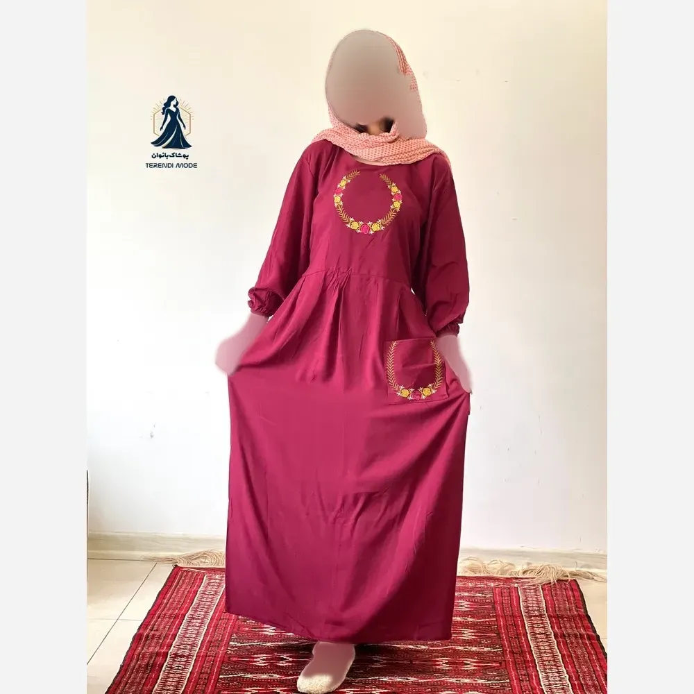 ساحلی گلدوزی تک جیب جنس نخ ململ رنگ زیتون قد 136