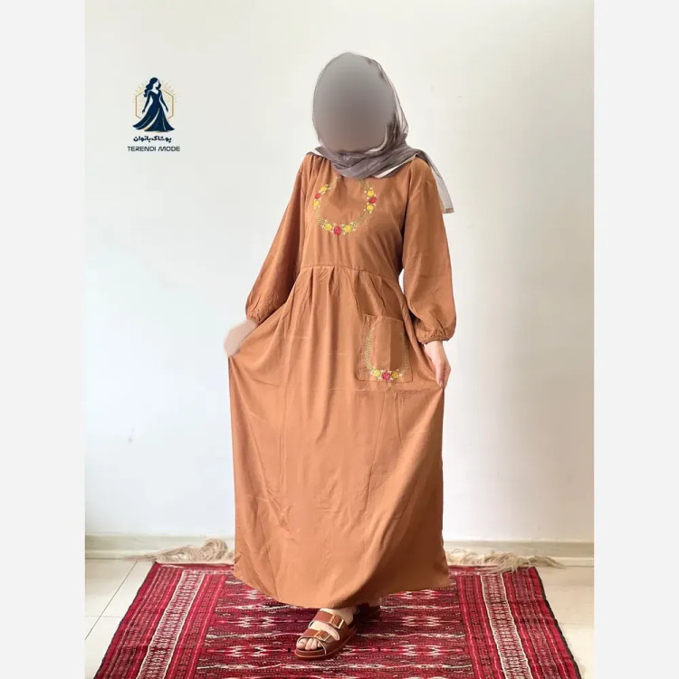 ساحلی گلدوزی تک جیب جنس نخ ململ رنگ زیتون قد 136