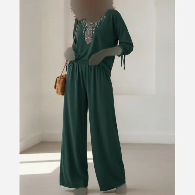 بلوز و شلوار نخی زنانه سبز یشمی فری سایز