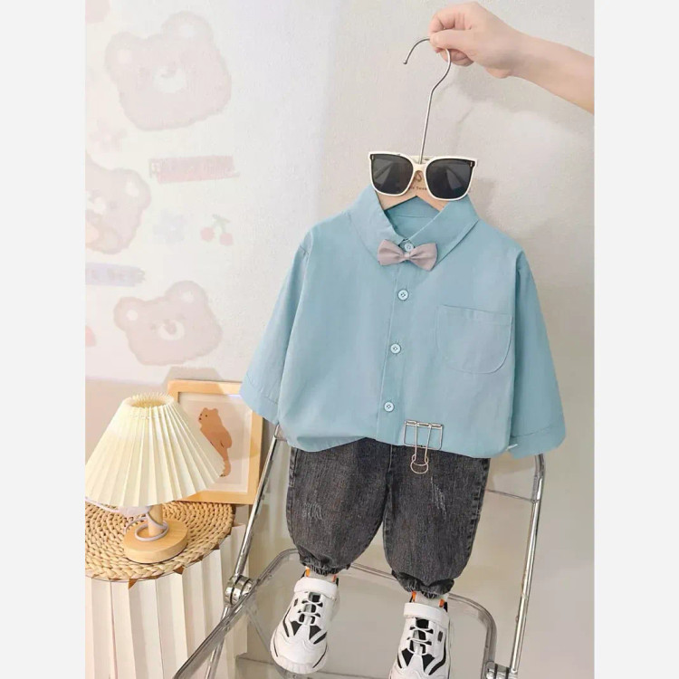 ست پیراهن جلو دکمه و شلوار جین بچگانه وارداتی