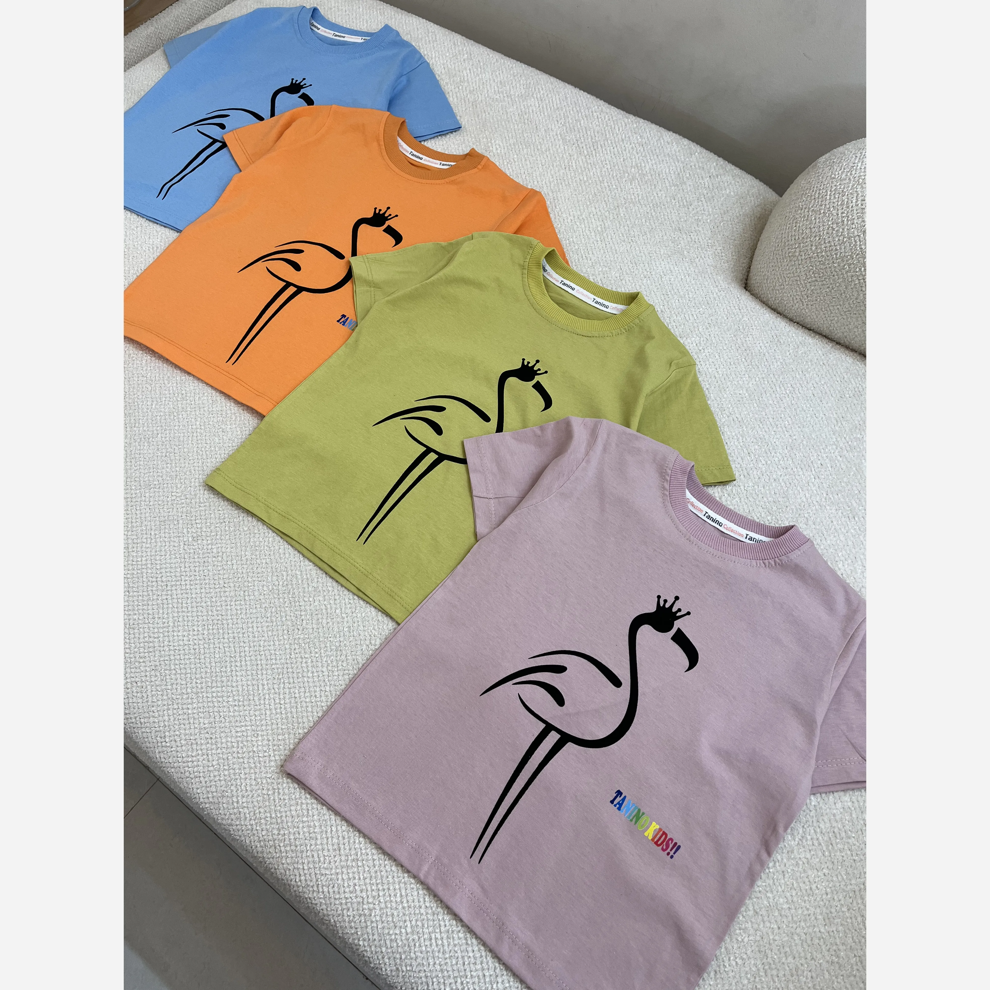 ست تیشرت و شلوارک دخترانه طرح فلامینگو جنس پنبه ای