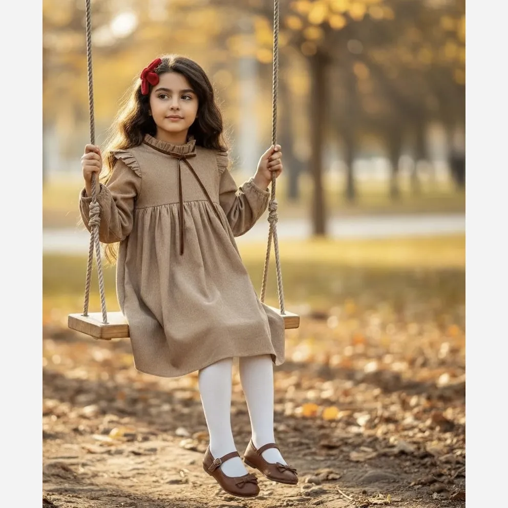 پیراهن دخترانه مخمل کبریتی یلدایی قرمز و کرم مناسب 4 تا 12 سال