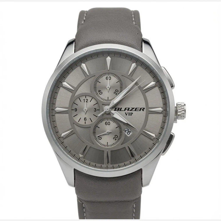 ساعت مردانه بلیزر چرمی طرح سه موتور صفحه طوسی تقویم دار