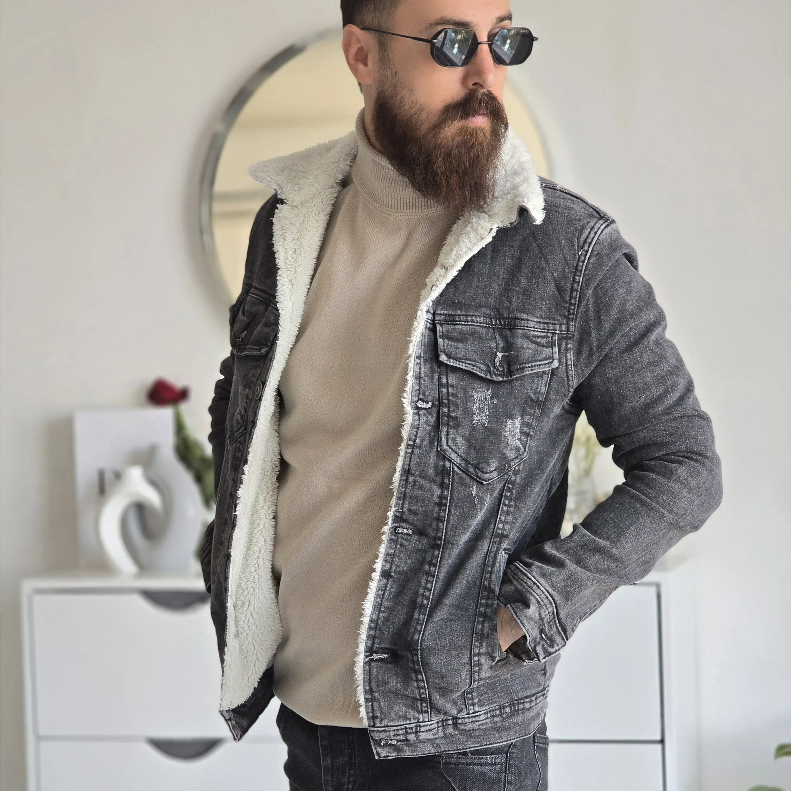کت جین خزدار زنانه تمام کش رنگ مشکی ذغالی سایز L تا XXXL