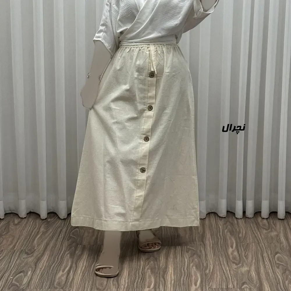 دامن زنانه لینن تمام دکمه فری سایز مناسب تا 46 قد 90 سانتیمتر